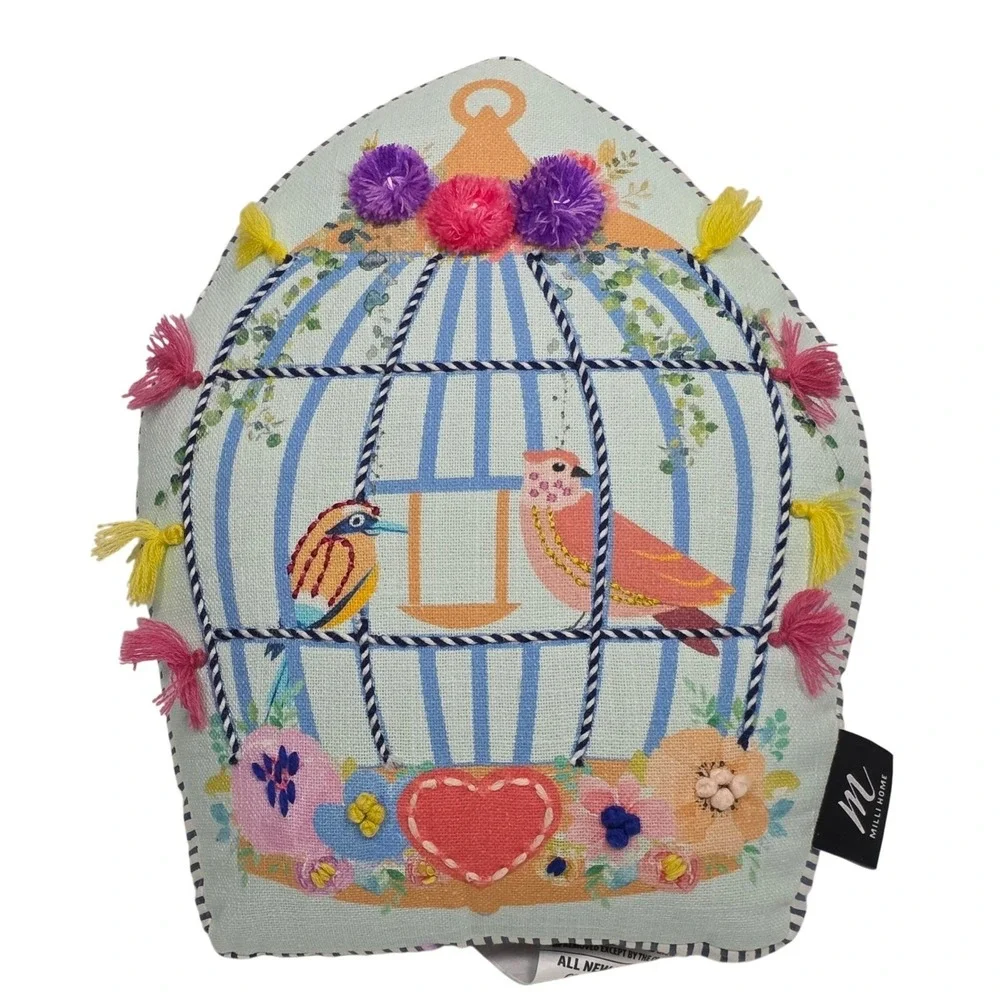 Milli Home Bird Cage Pillow Whimsical Decorative Cushion Pastel Tassels 12 X 14